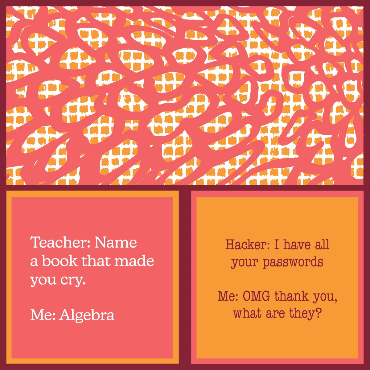 Funny double-sided cocktail napkins with algebra book and forgotten password jokes by Drinks on Me.