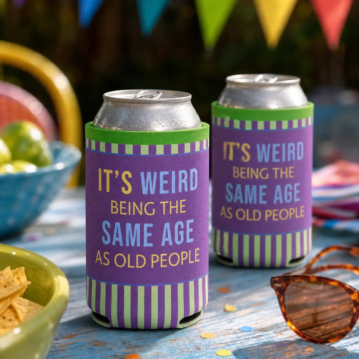 Two funny purple and green can sleeves holding canned drinks at an outdoor party, featuring the saying It’s weird being the same age as old people.