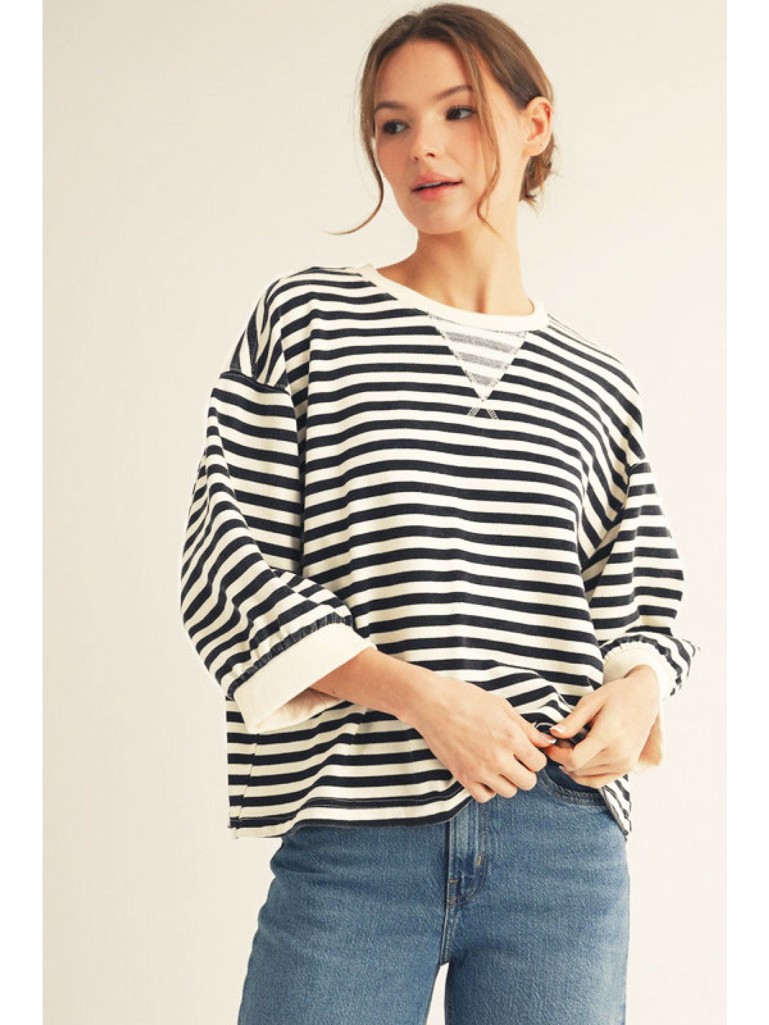 V-Notched Detail Striped Top
