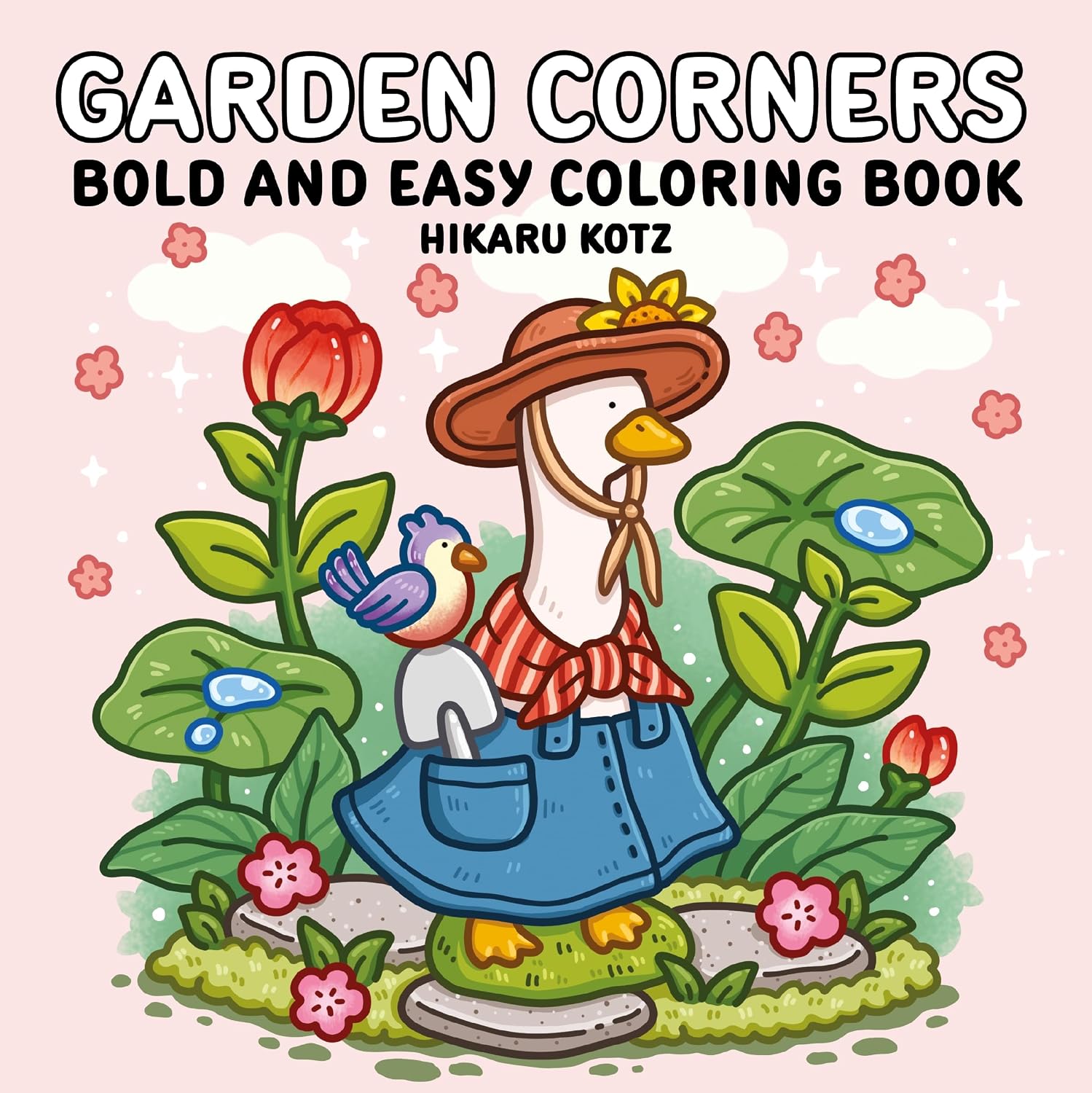 Garden Corners: Bold & Easy Coloring Book by Hikaru Kotz — a 40-page adult coloring book featuring enchanting garden nooks, vintage gates, and cozy reading corners, 8.5x8.5 inches