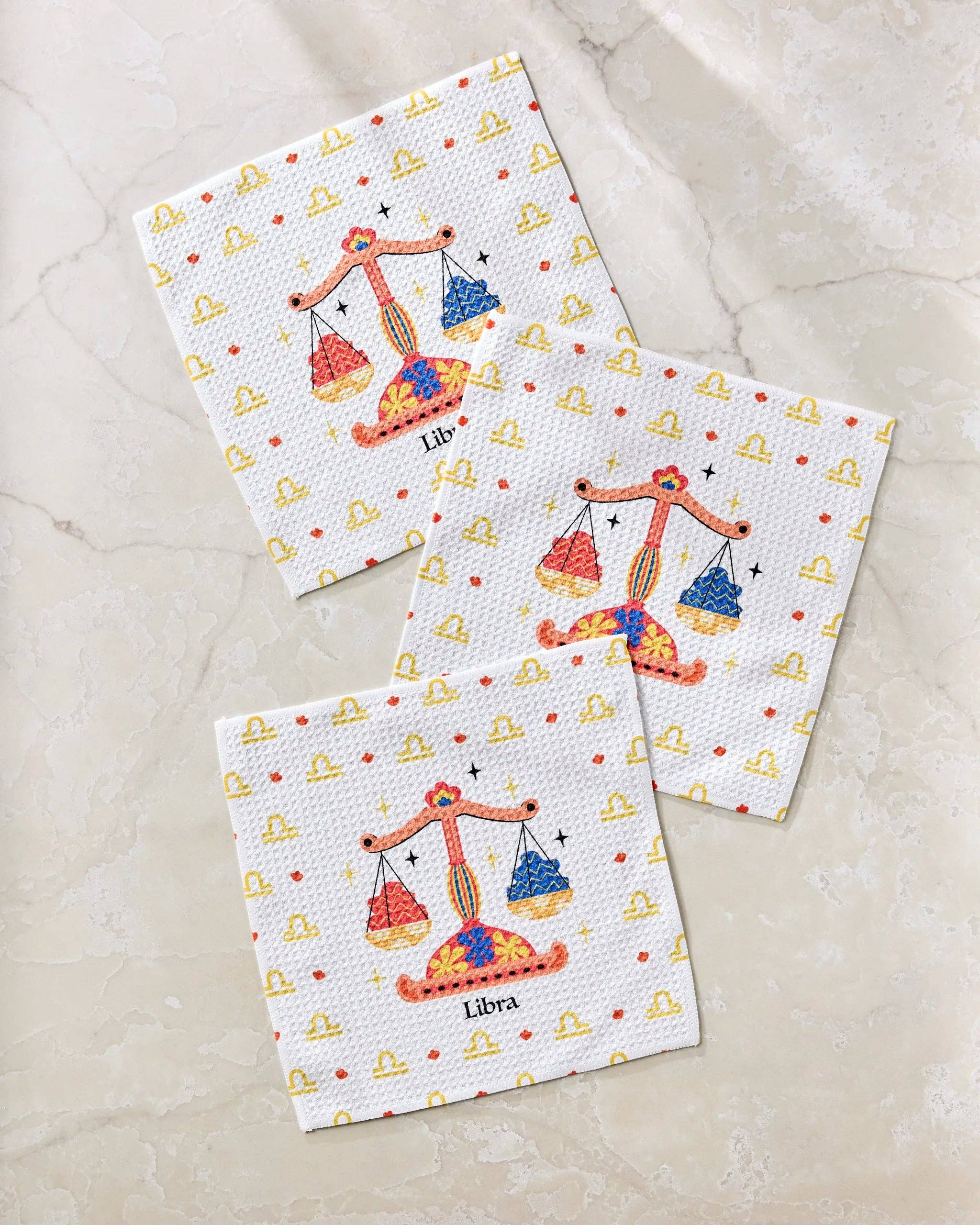 Geometry Charming Libra dishcloth set featuring zodiac-inspired Libra scales design reusable kitchen cloths