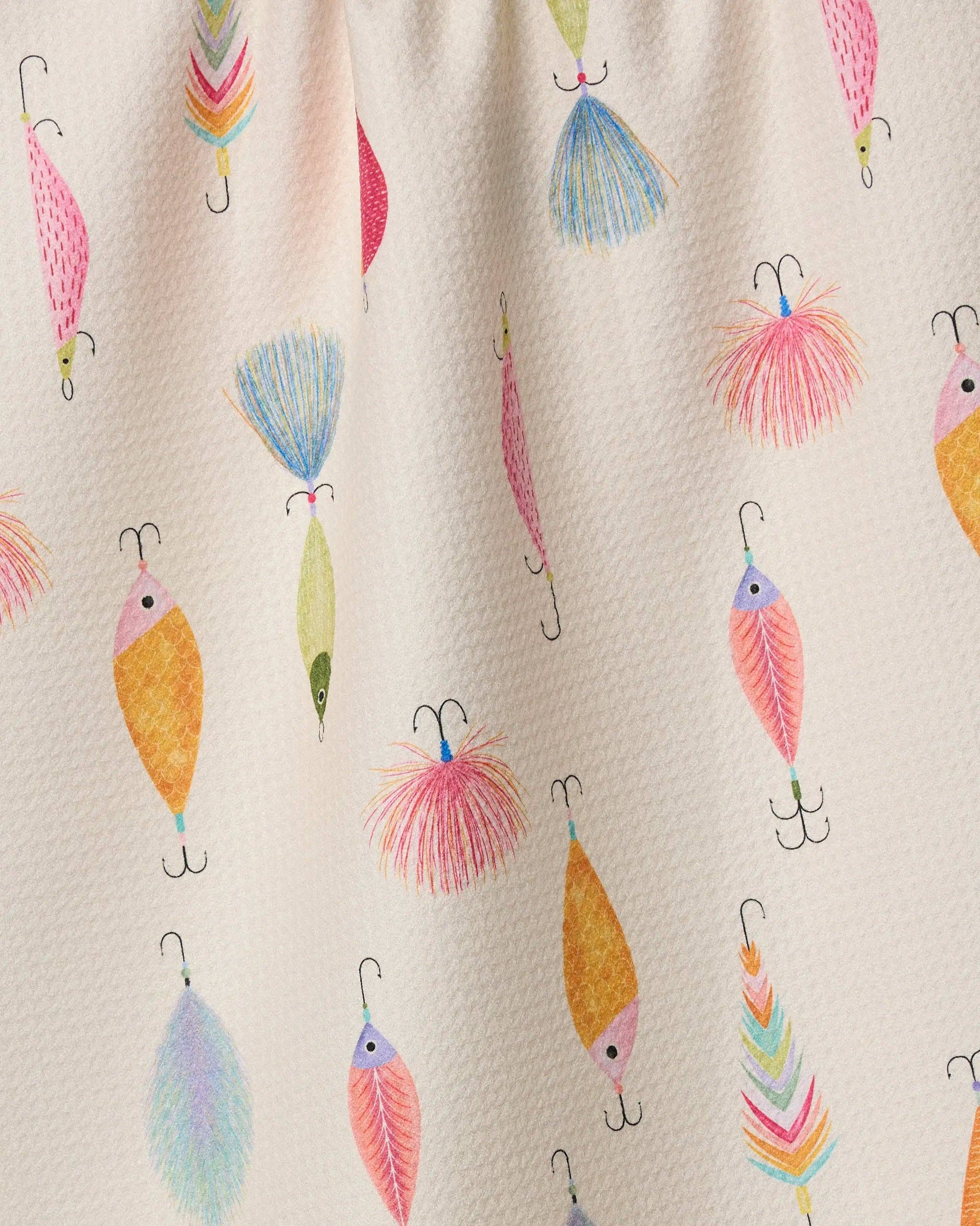 Geometry fishing lures tea towel with colorful lure pattern for kitchen and cabin décor