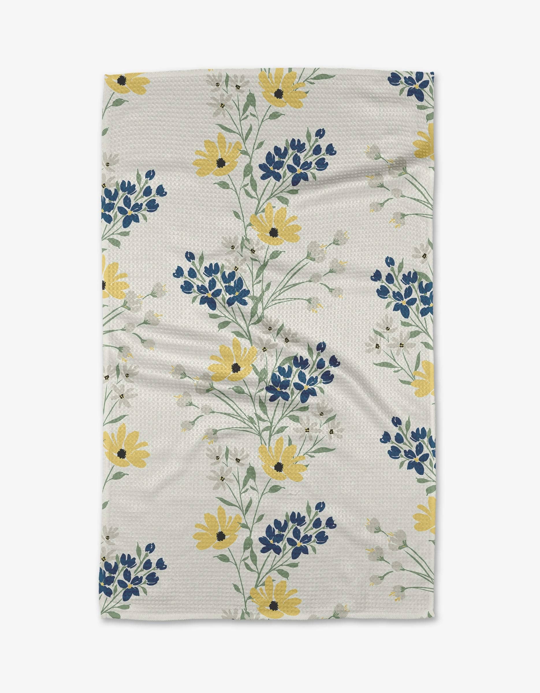 Geometry Garden Picks floral kitchen tea towel featuring blue blossoms and yellow flowers on white Geoweave™ fabric