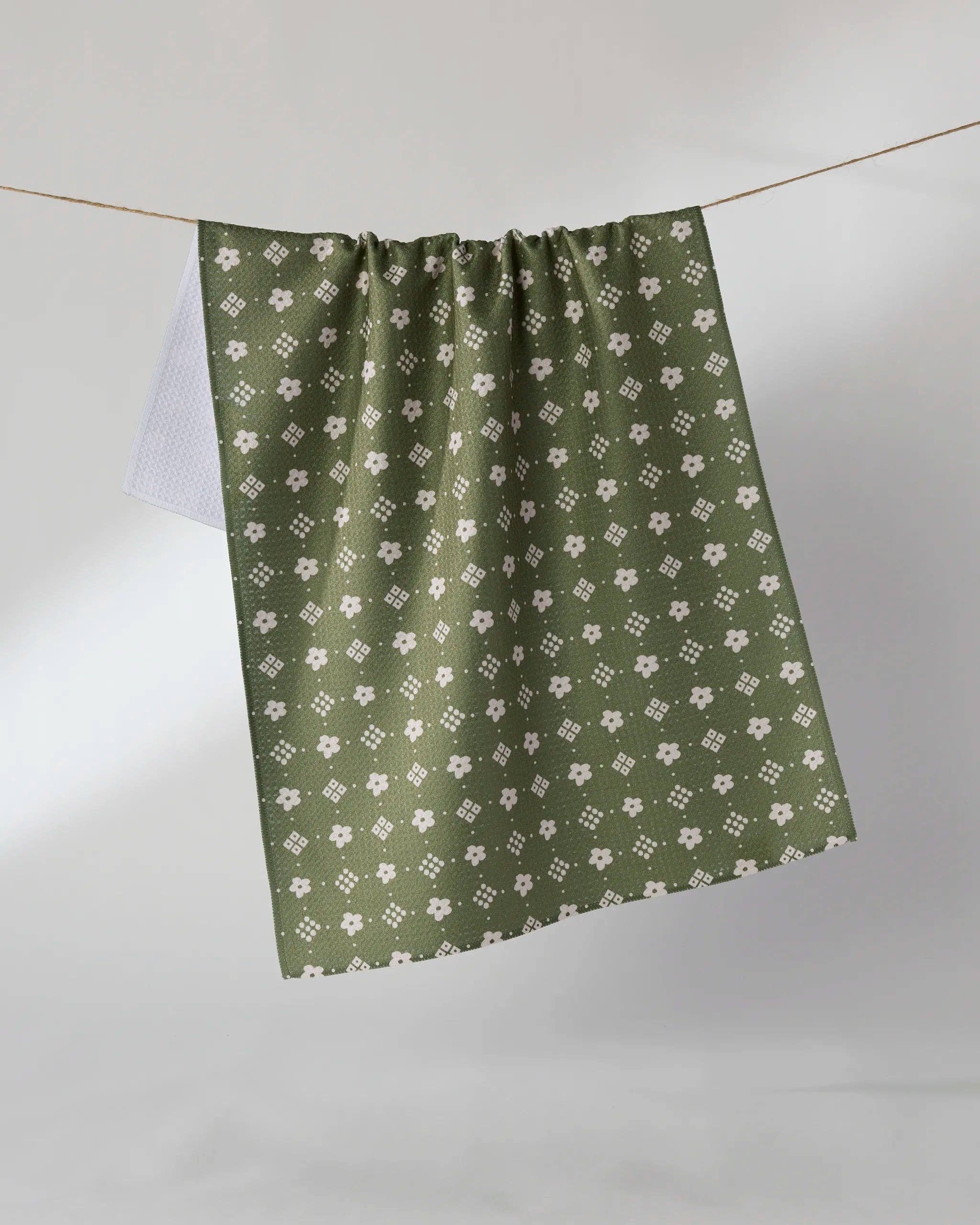 Geometry Green Gables Tea Towel — lush green botanical Geoweave™ kitchen towel with nature-inspired print, 18x30 inches, made from post-consumer recycled materials