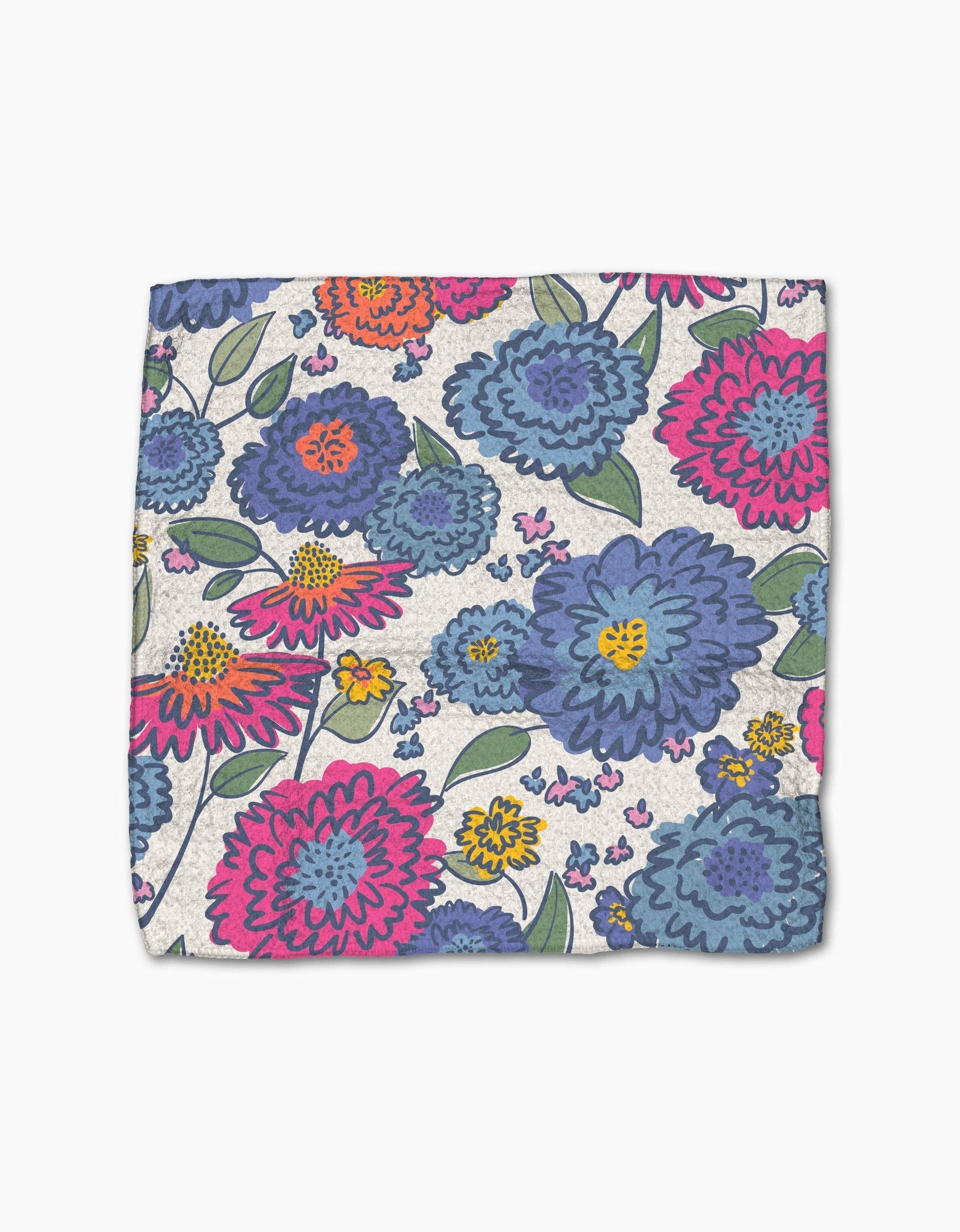 Geometry Painterly Meadow floral dishcloth featuring colorful pink, blue, purple, and orange flowers on reusable Geoweave™ fabric