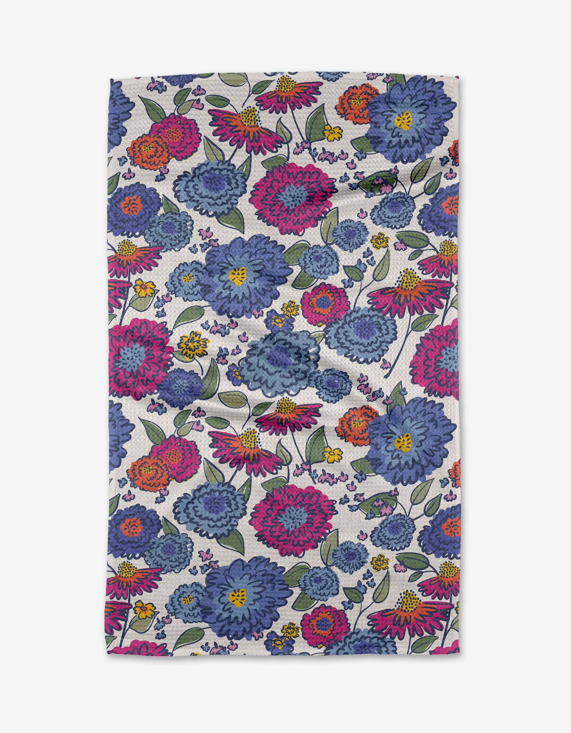 Geometry Painterly Meadow floral kitchen tea towel featuring colorful blue, pink, purple, and orange wildflowers on a white background