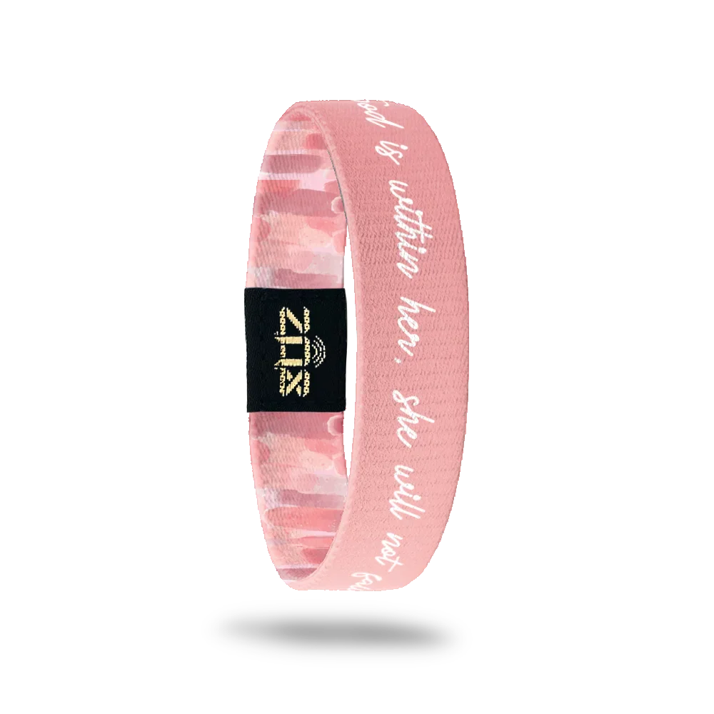 Pink God Is Within Her Bible verse bracelet inspired by Psalm 46:5 with interactive faith-based scripture experience