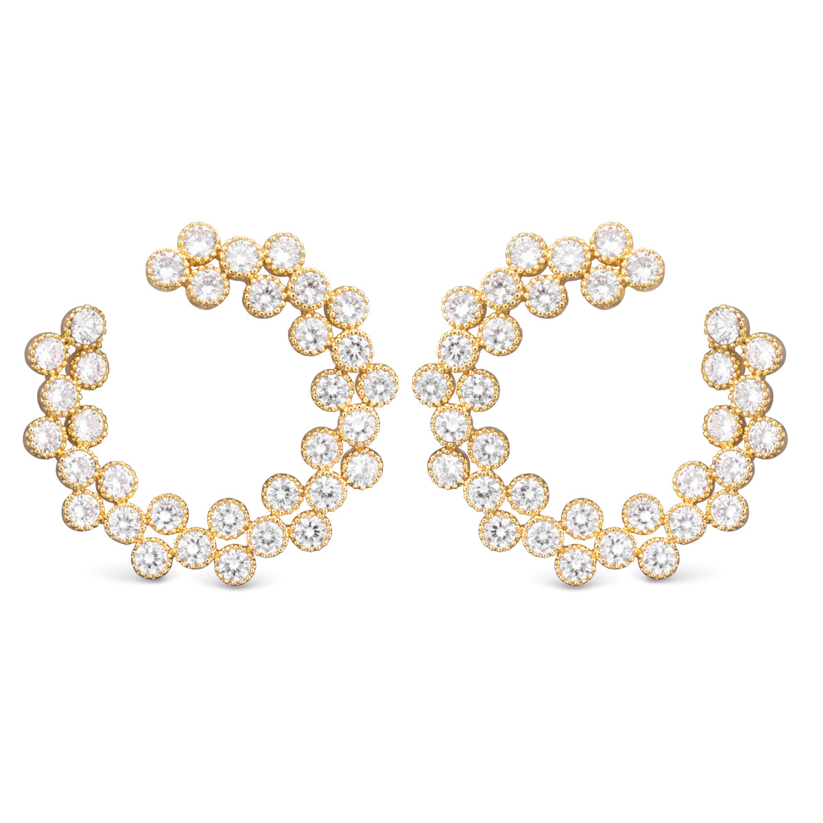 gold open circle earrings with double row cubic zirconia stones