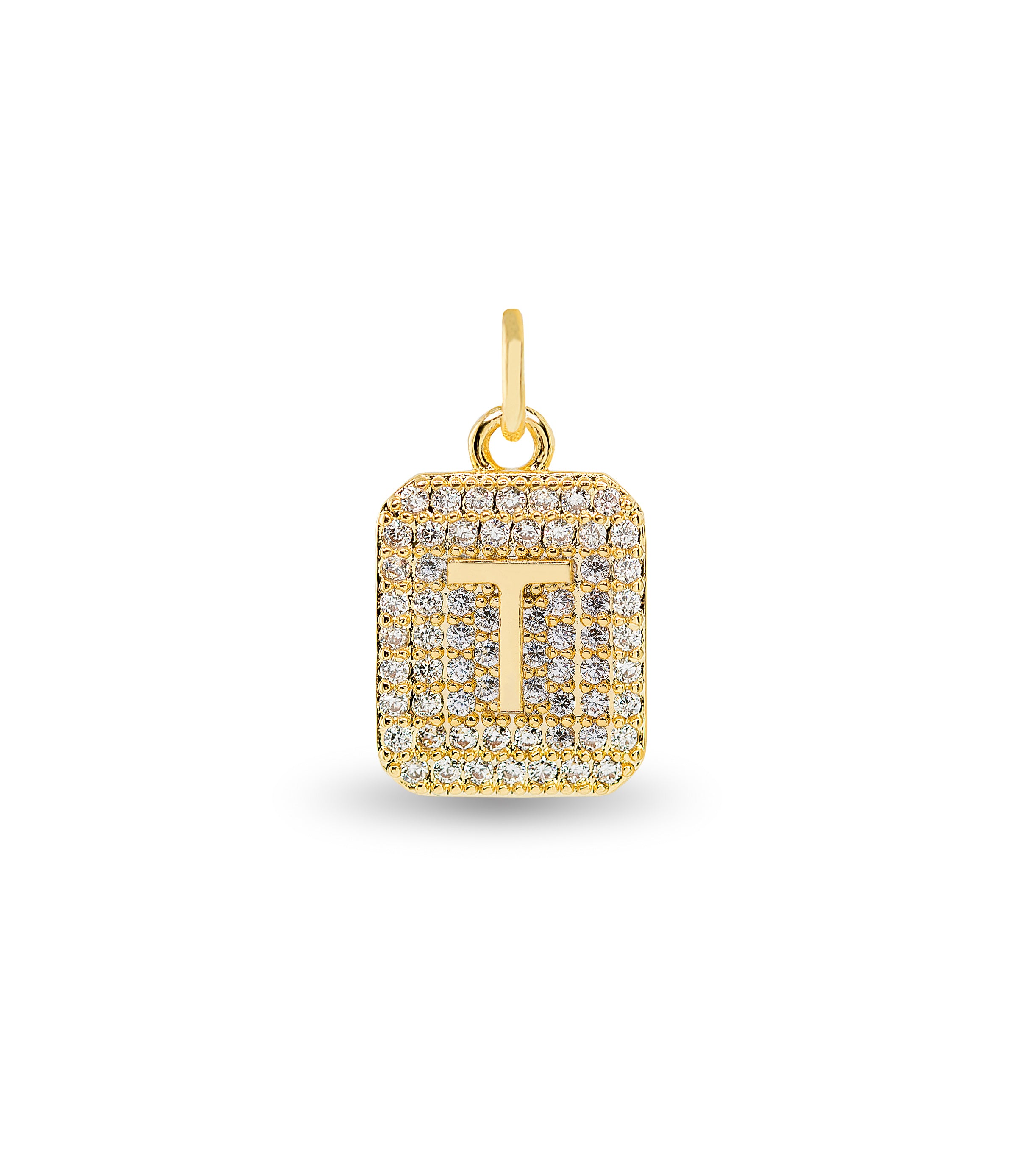 gold initial T charm pendant with cubic zirconia stones
