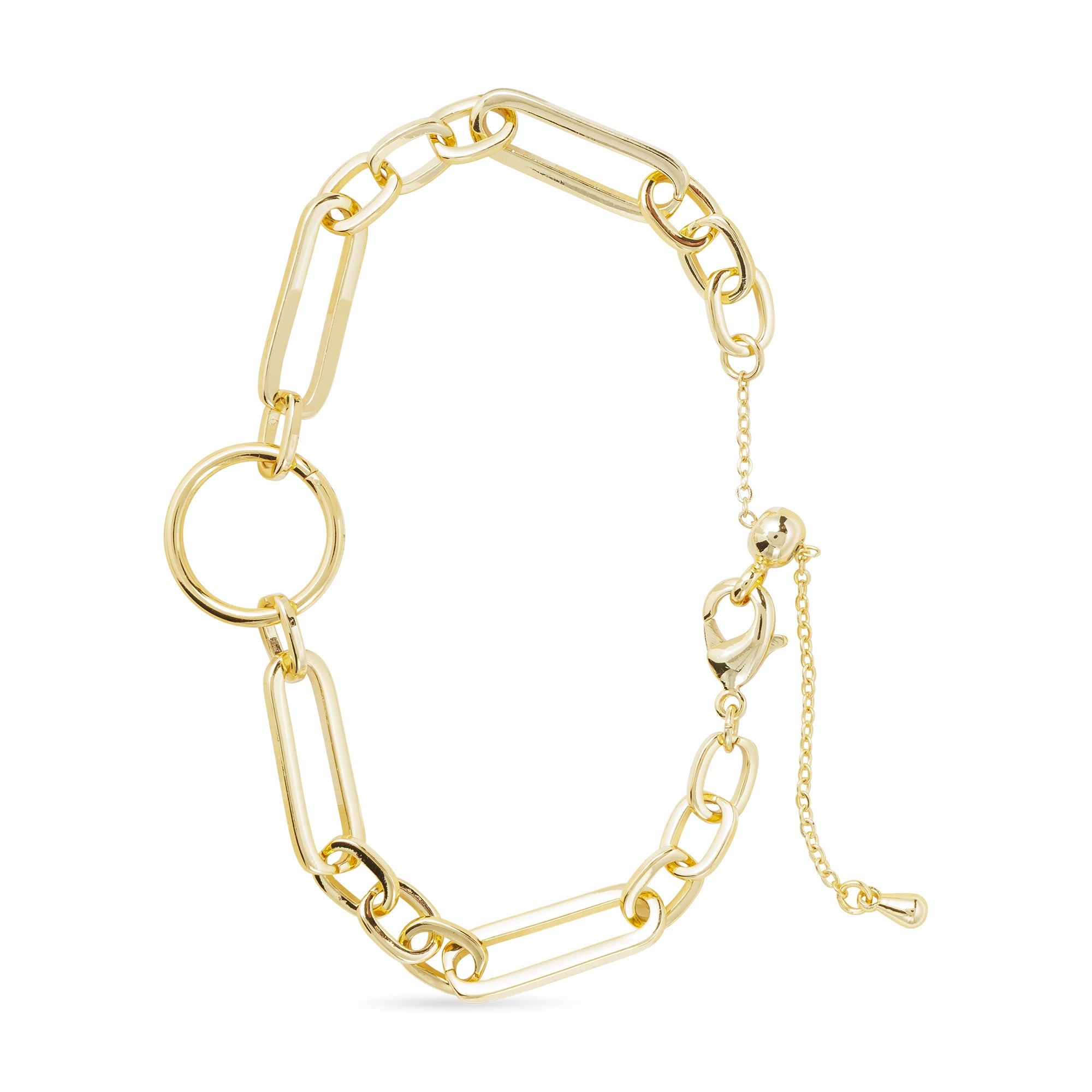 gold mixed link chain charm bracelet with front clasp