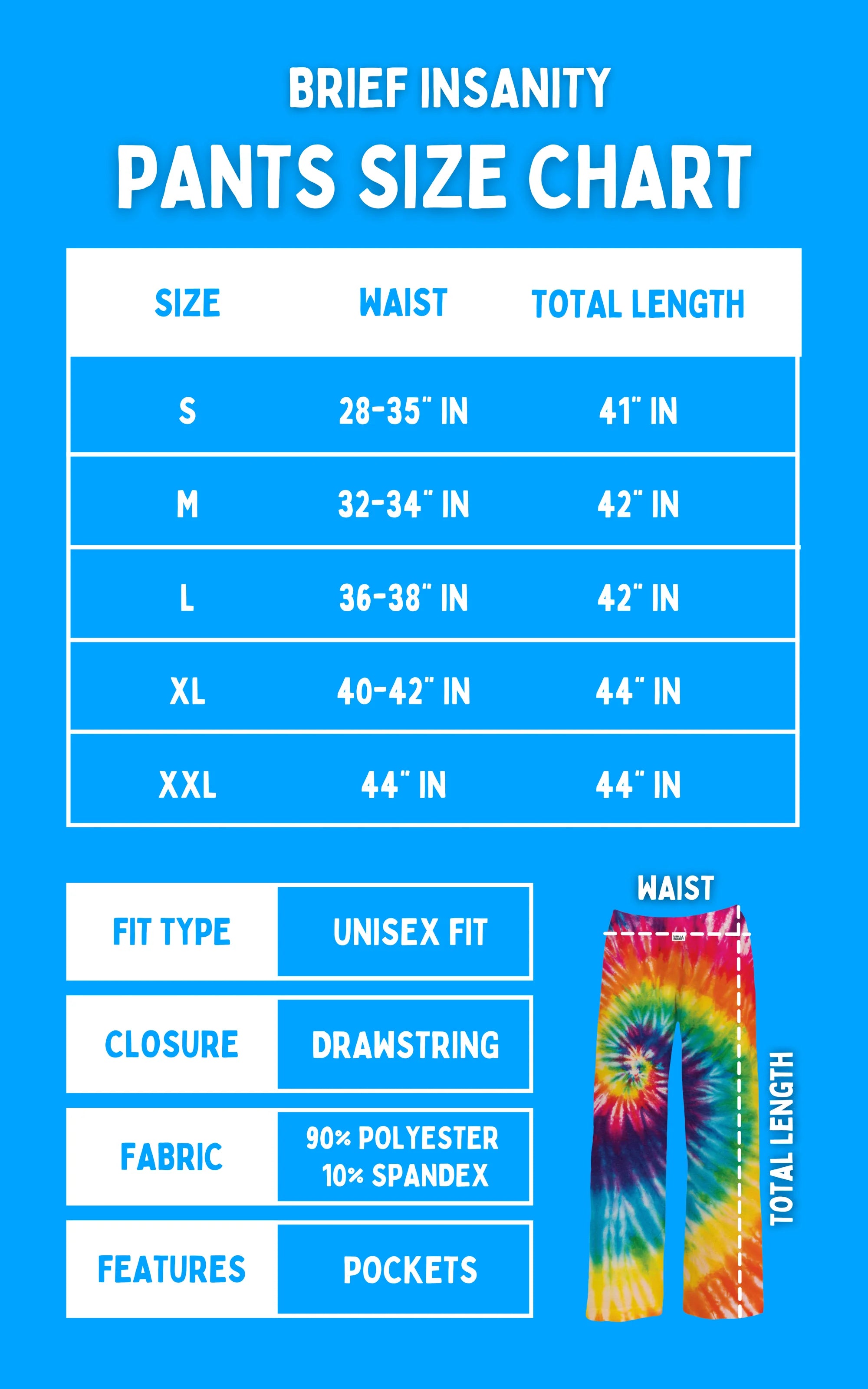 Pants size chart with dimensions and features on a blue background