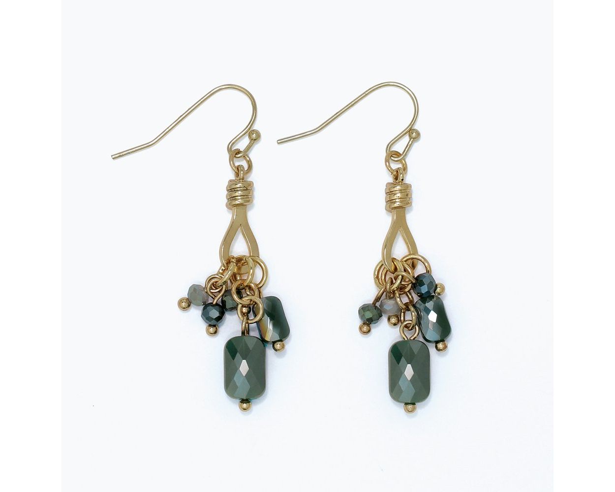 Faceted deep green and dark teal crystal cluster drop earrings with gold teardrop frame by Periwinkle — rich, sophisticated statement earrings for fall and holiday styling