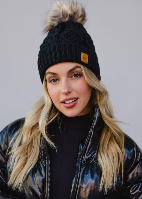 Black Cable Knit Hat w/ Pom