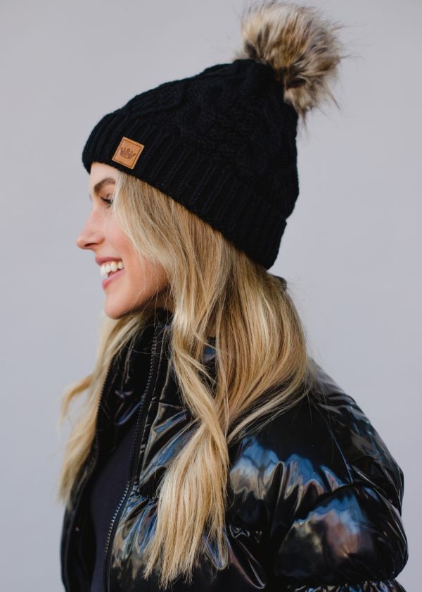 Black Cable Knit Hat w/ Pom