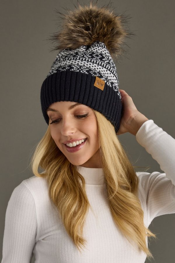 Navy & White Patterned Pom Hat