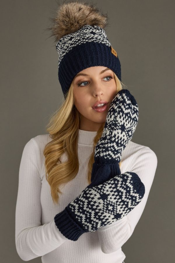 Navy & White Patterned Pom Hat
