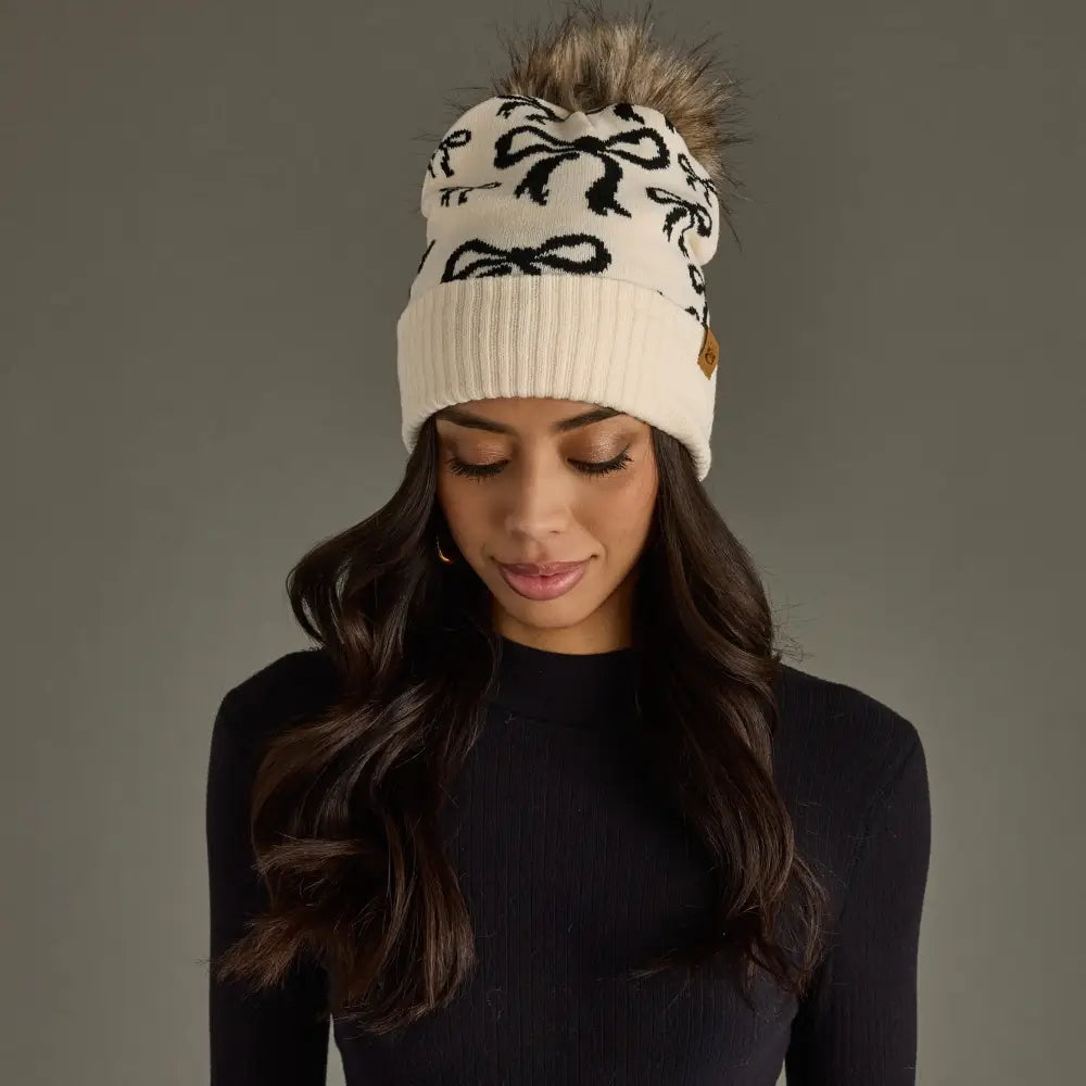 Beige & Black Bow Pattern Knit Hat