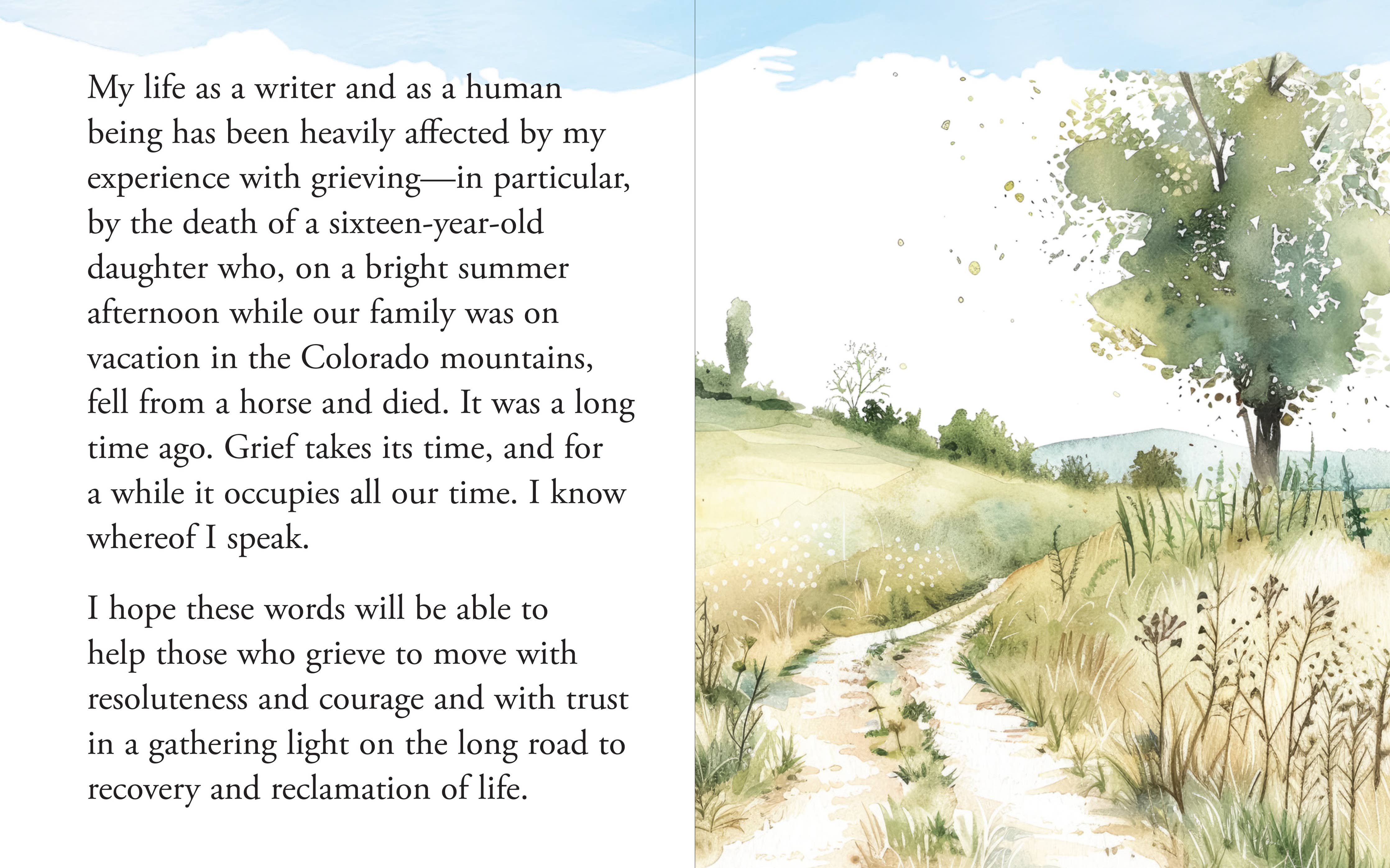 Text on the left with a scenic illustration of a path and tree on the right