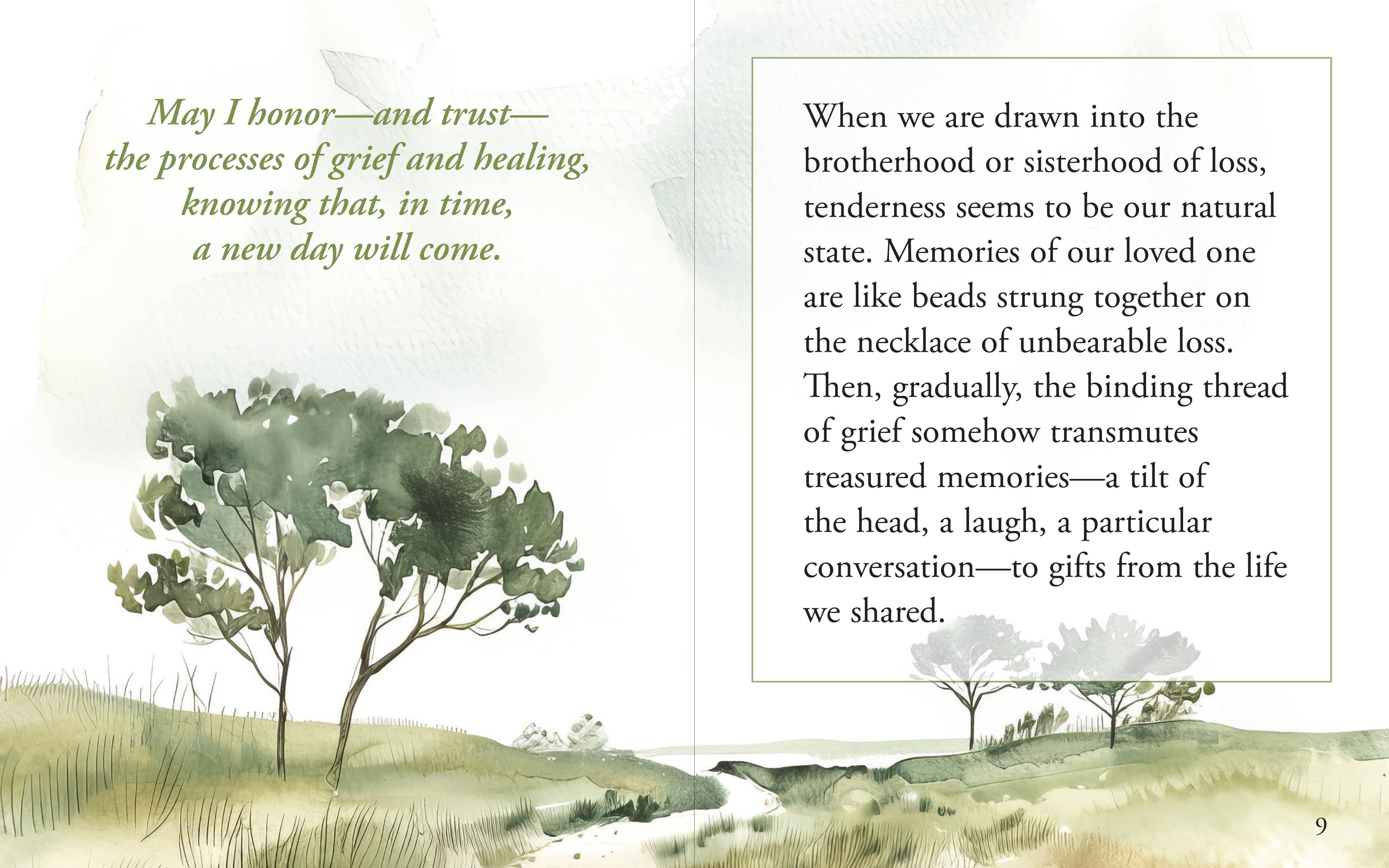 Interior spread of Healing After Loss Mini Book showing grief meditation quote "May I honor and trust the processes of grief and healing" with watercolor illustration of trees and rolling hills
