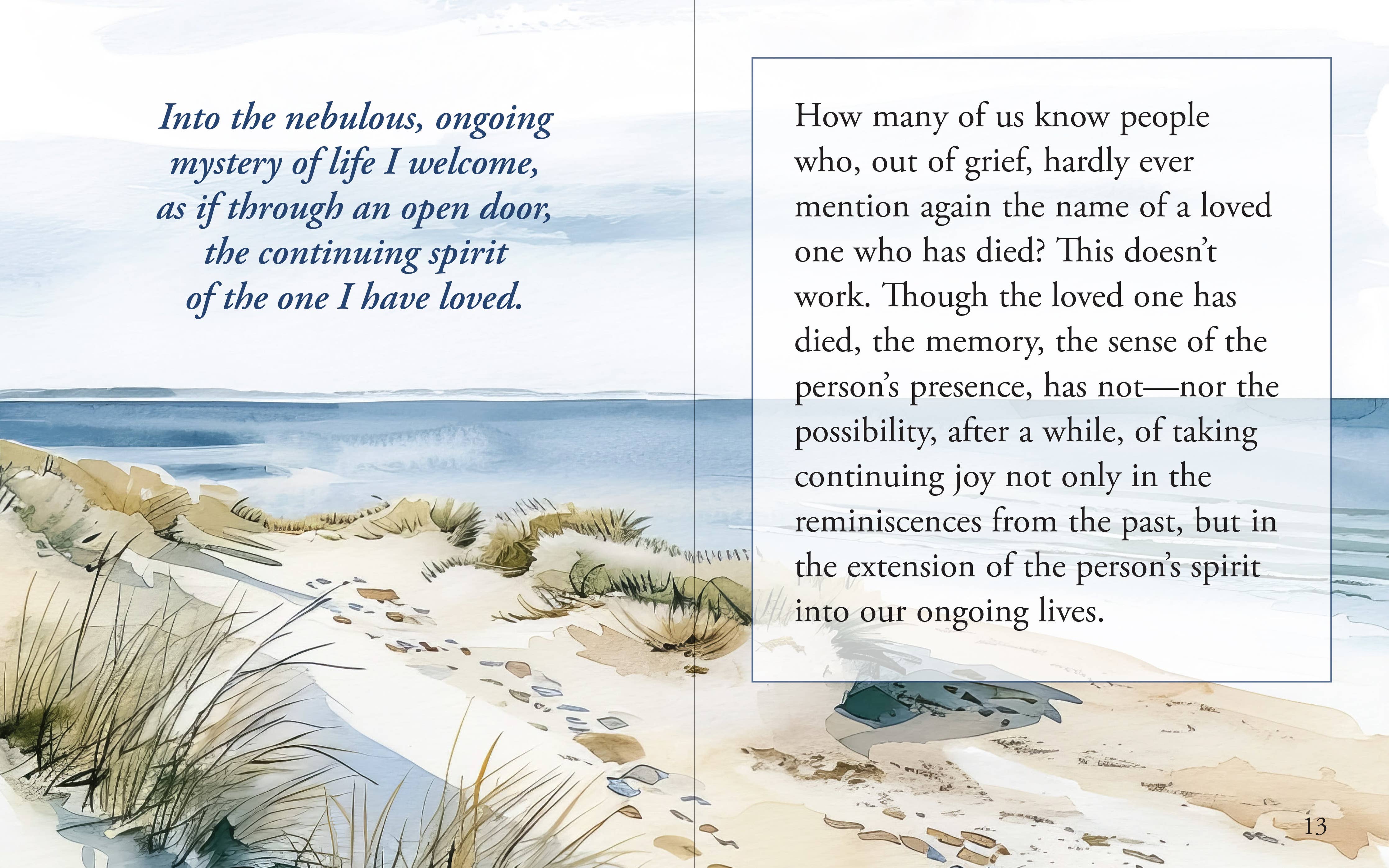 Interior spread of Healing After Loss Mini Book showing meditation "Into the nebulous, ongoing mystery of life I welcome" alongside a watercolor illustration of a sandy beach path and ocean