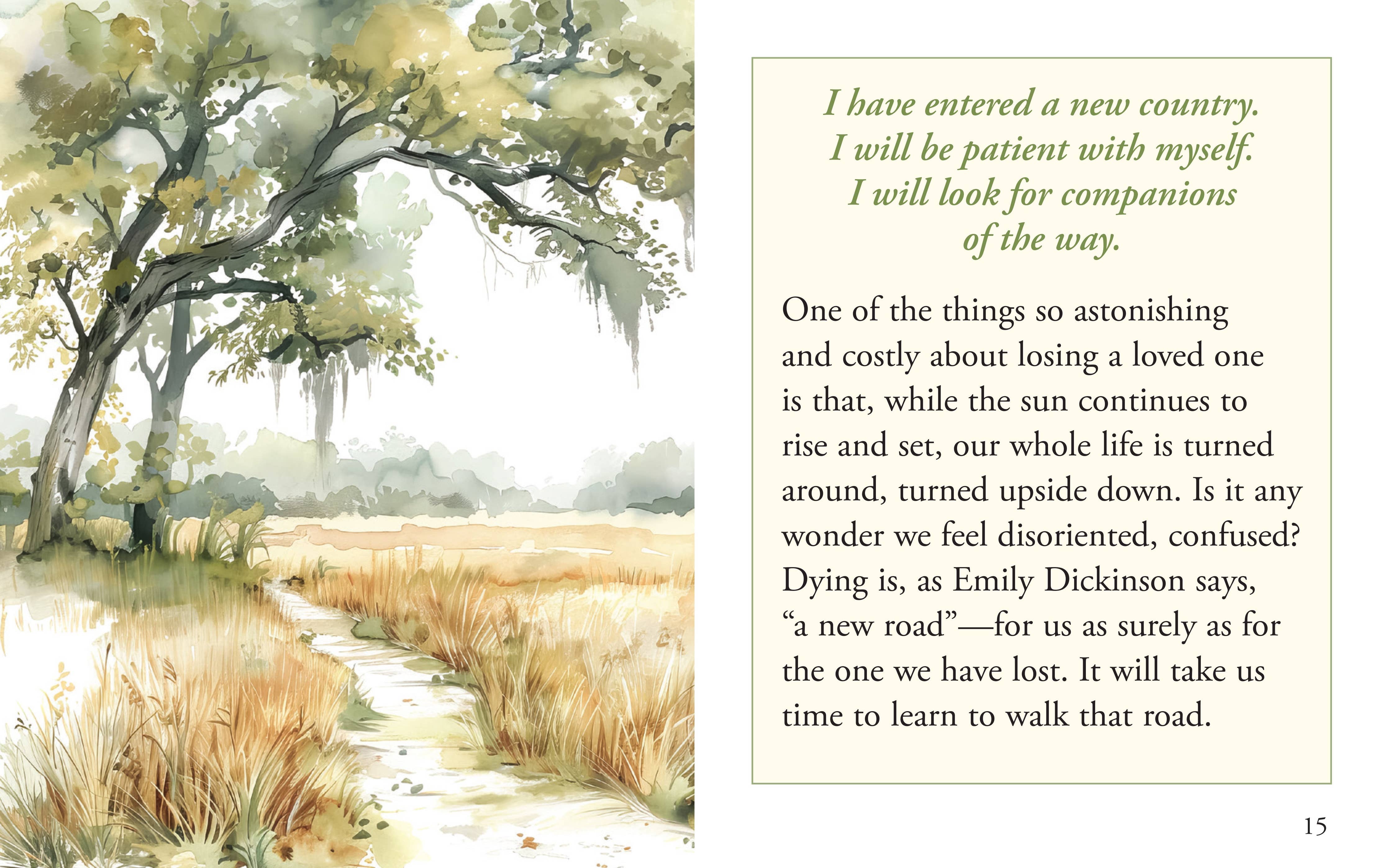 Interior spread of Healing After Loss Mini Book showing meditation "I have entered a new country. I will be patient with myself" alongside a watercolor illustration of a golden meadow path with oak trees