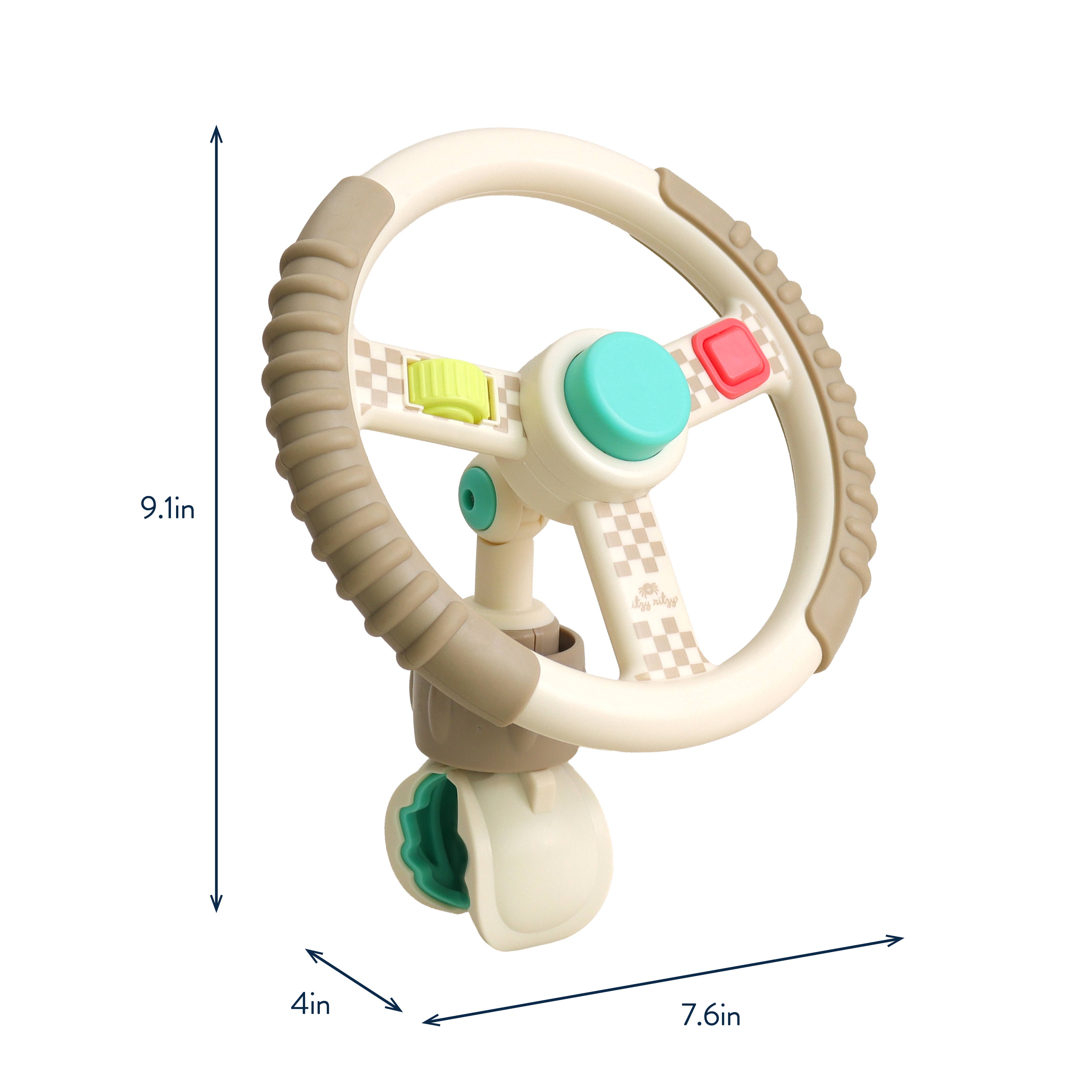 Children's toy steering wheel with colorful buttons and hose, shown with measurements on a white background.