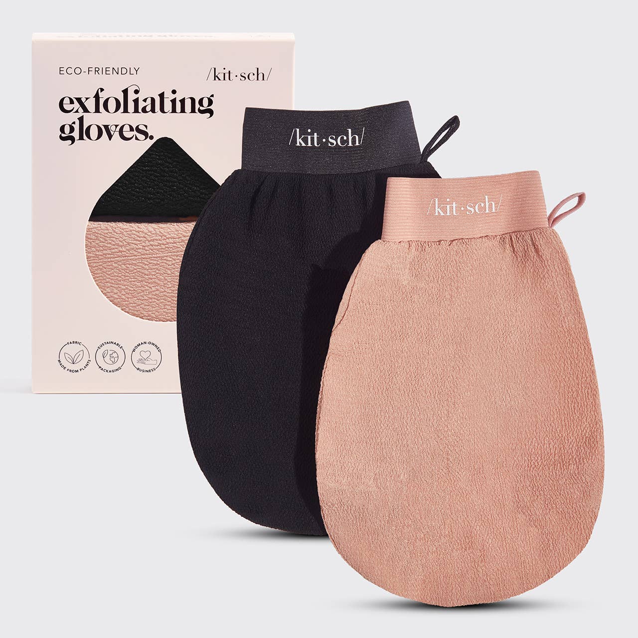Kitsch Eco-Friendly Exfoliating Gloves 2-pack in black and terracotta for gentle body exfoliation and smoother, healthier-looking skin.