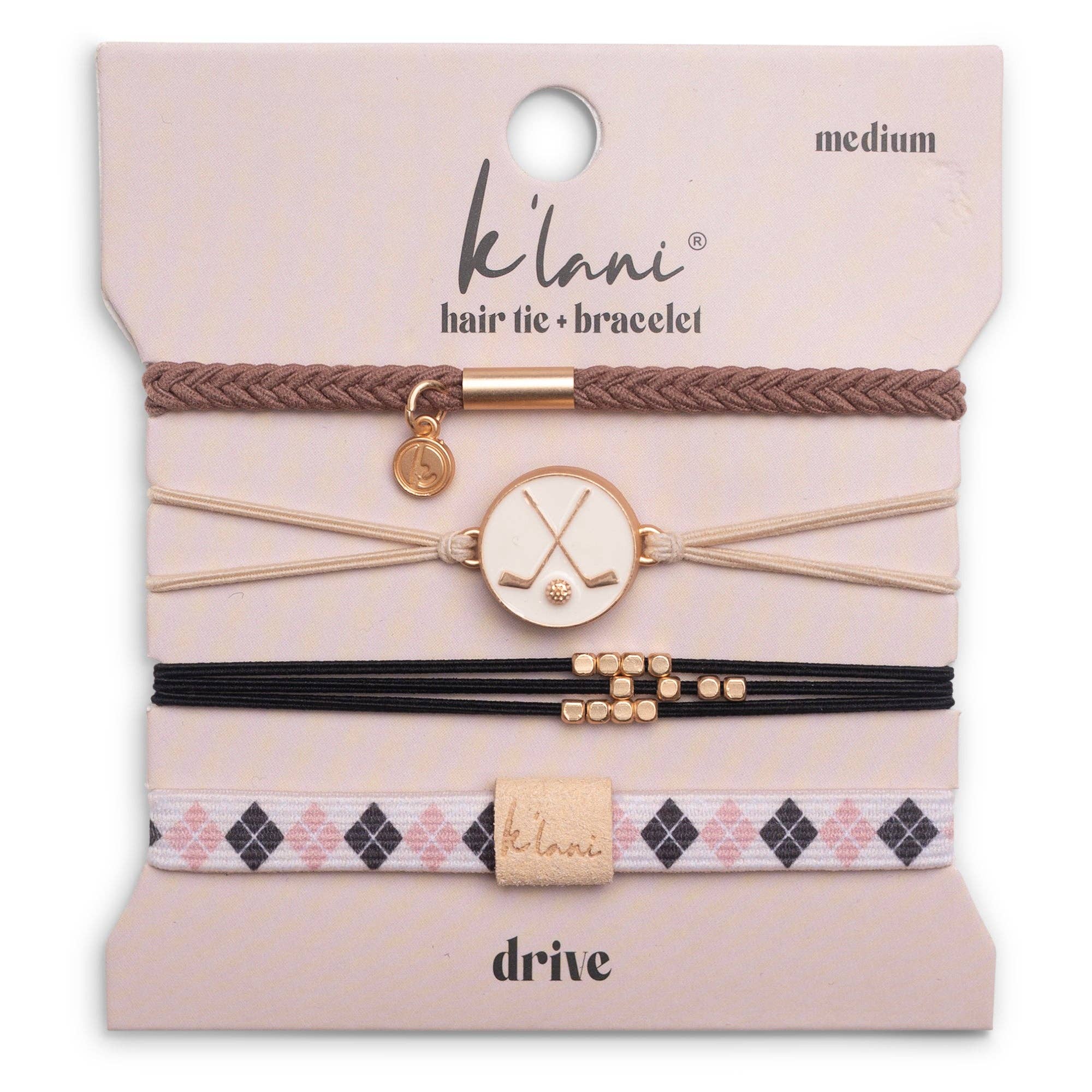 Black and cream K’lani Drive hair tie bracelet set with removable golf ball marker charm