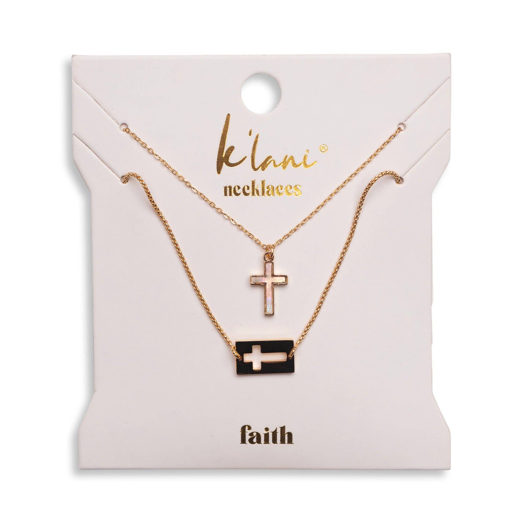 K’lani Faith layered necklace set in gold featuring mother of pearl cross pendants on delicate chains