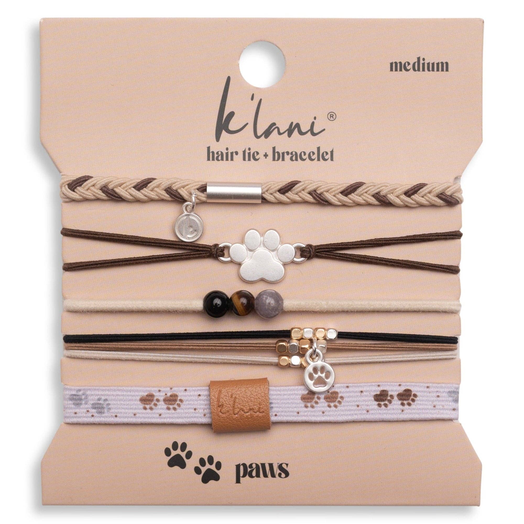 K’lani Paws hair tie bracelet set with neutral colors, paw print charms, and natural bead accents for pet lovers