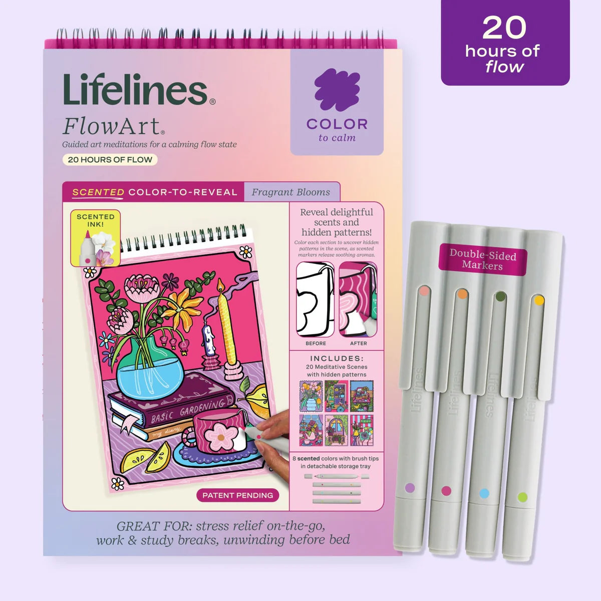 Lifelines FlowArt Color-to-Reveal Fragrant Blooms mindfulness coloring pad with scented markers and hidden reveal artwork
