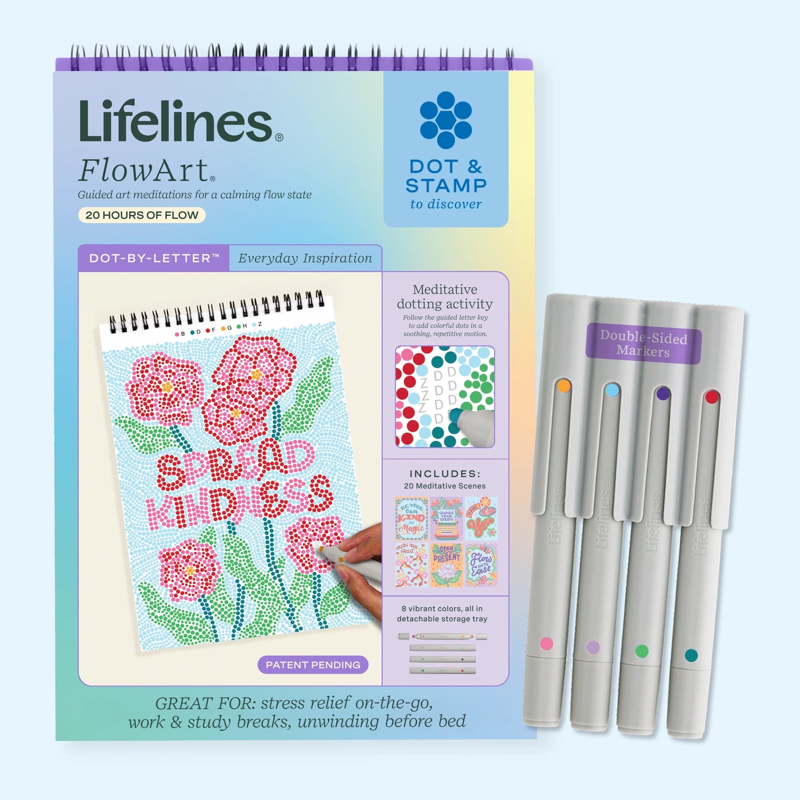 FlowArt Dot by Letter: Everyday Inspiration by Lifelines — a meditative dot art activity book using a guided letter key to fill pages with vibrant colorful dots