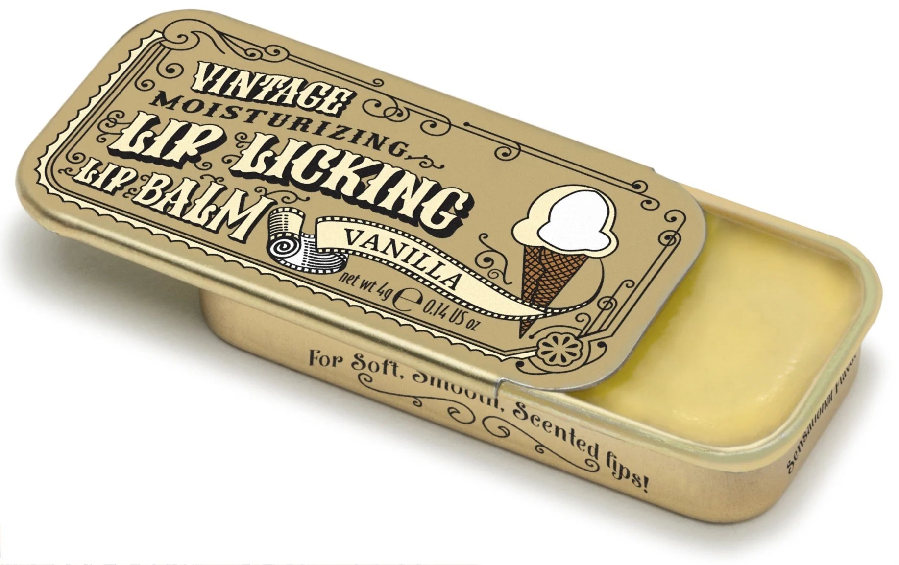 Lip Licking vanilla flavored organic natural lip balm in vintage slider tin packaging