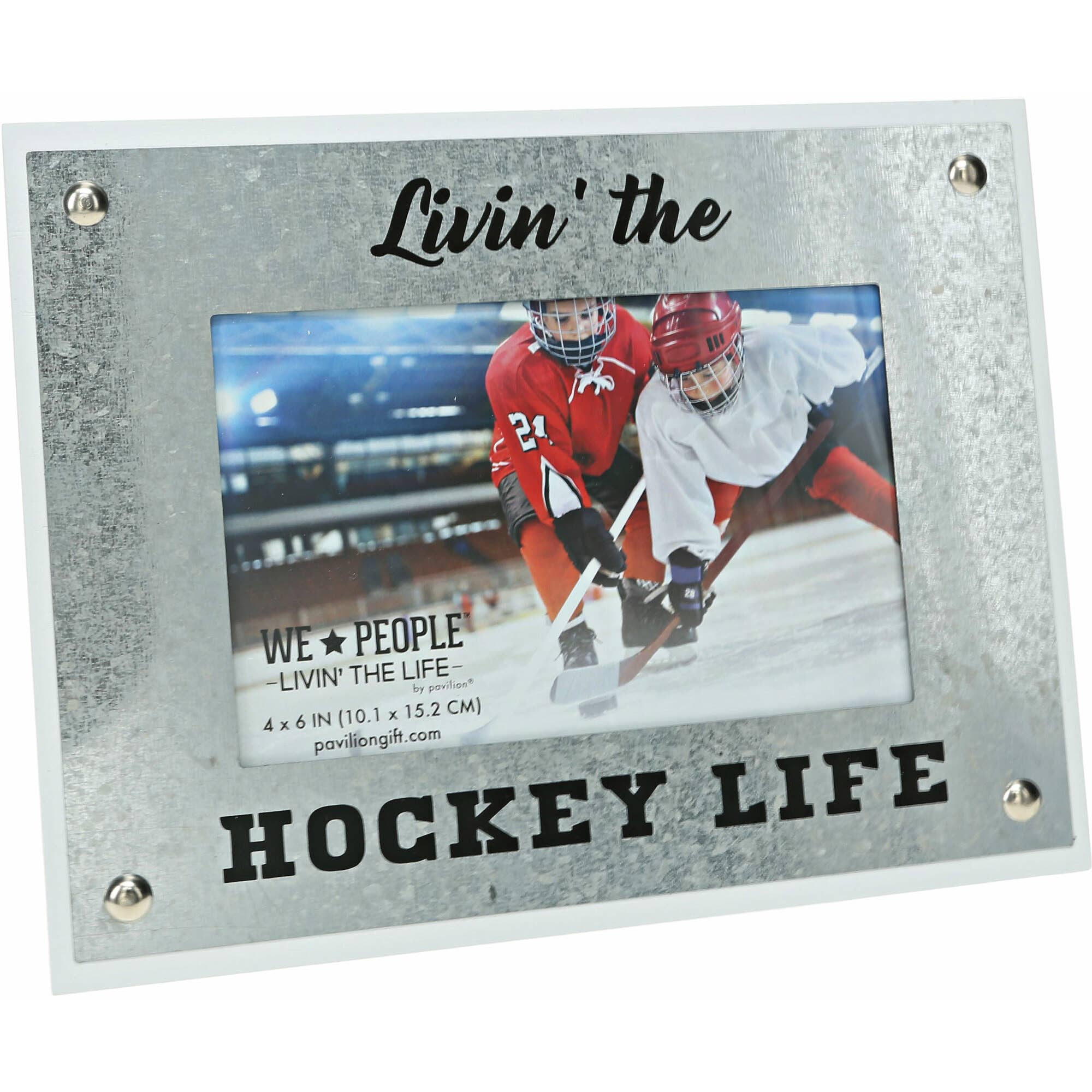 Livin' The Hockey Life 4x6 picture frame with galvanized metal-look finish for displaying hockey player and team photos.