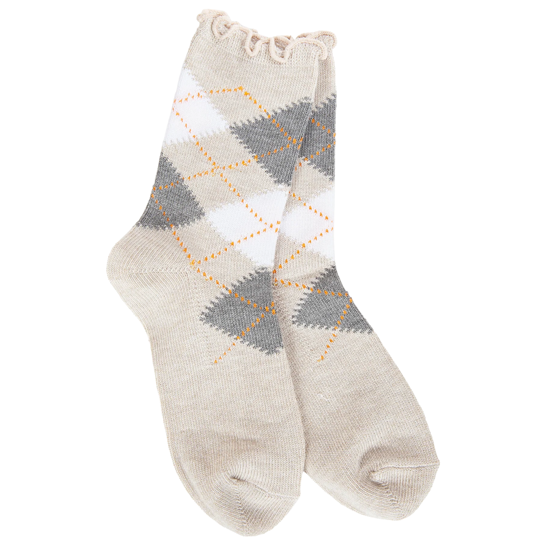 Women's oatmeal mini argyle socks featuring gray and white diamonds, golden accent lines, and a delicate ruffled cuff.