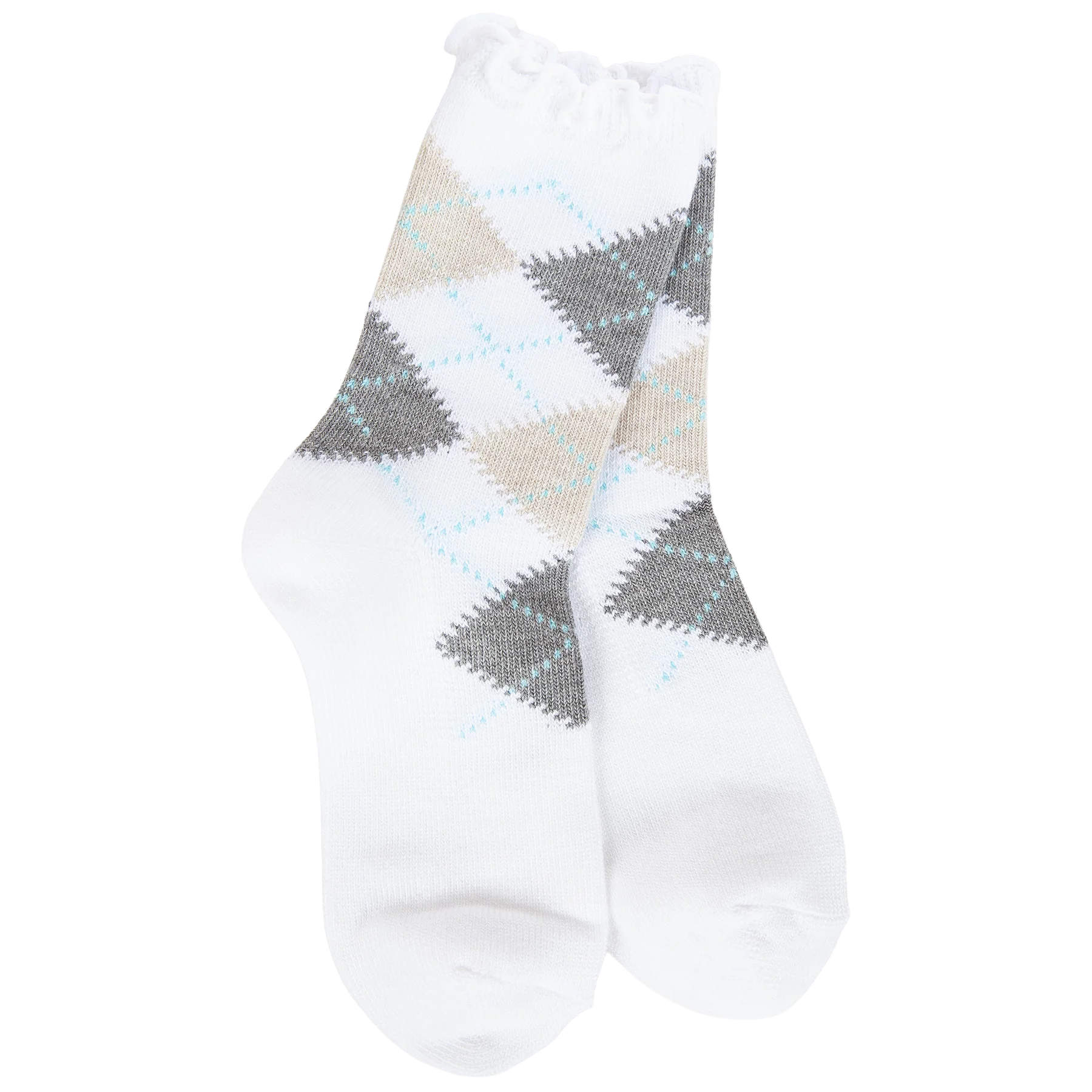 Women's white mini argyle socks with gray and cream diamond pattern, light blue accents, and a delicate ruffled cuff.