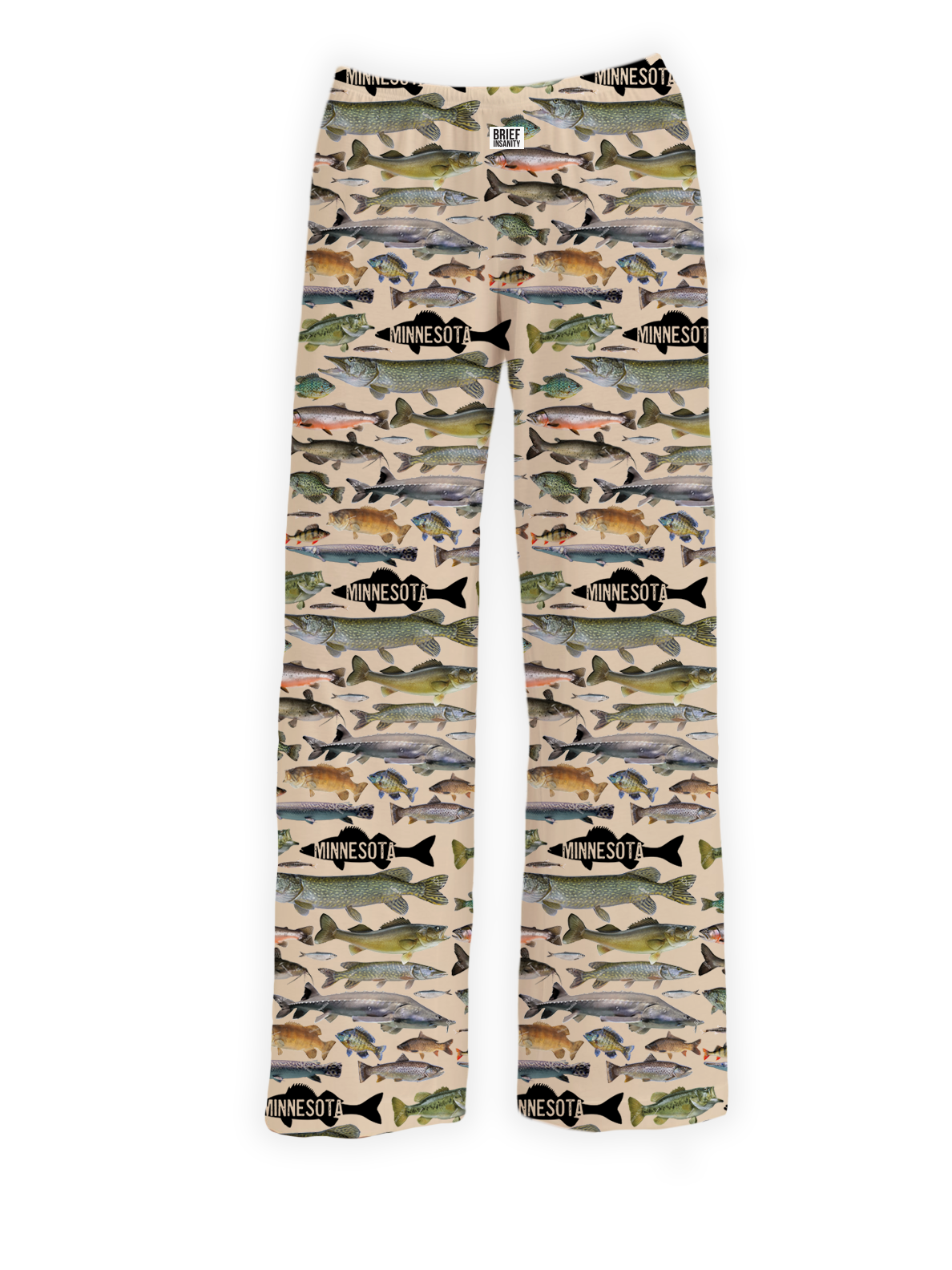 MN Fish Lounge Pants by BRIEF INSANITY — ultra-soft Minnesota fish print lounge pants with elastic waistband and adjustable drawstrings, available in Small through 2XL