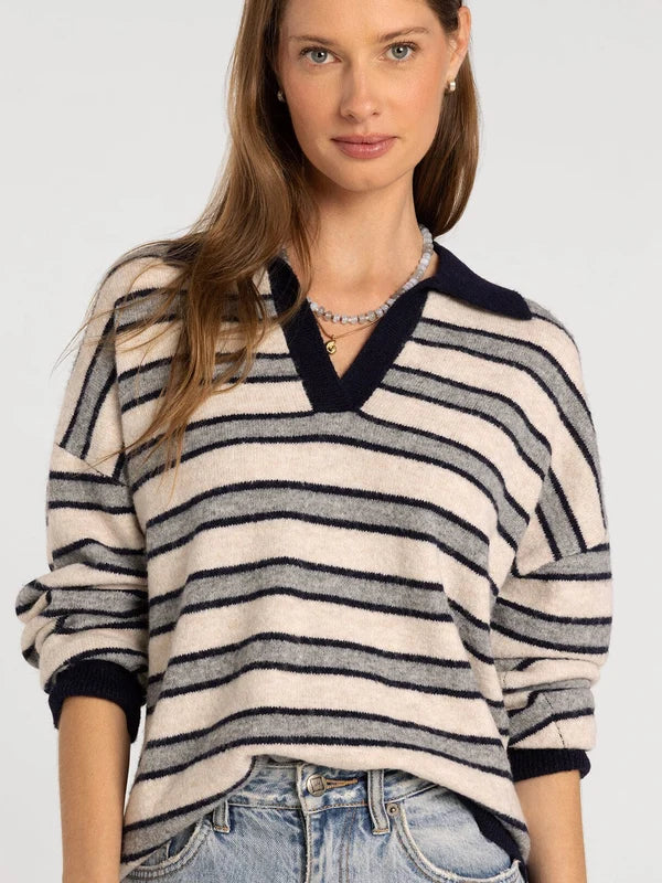 Nina Sweater in oatmeal grey stripe — women's collared V-neck knit sweater, close view