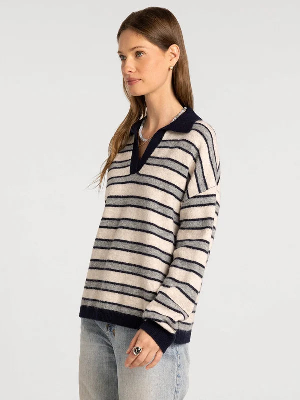 Nina Sweater in oatmeal grey stripe — women's collared V-neck knit sweater, side view