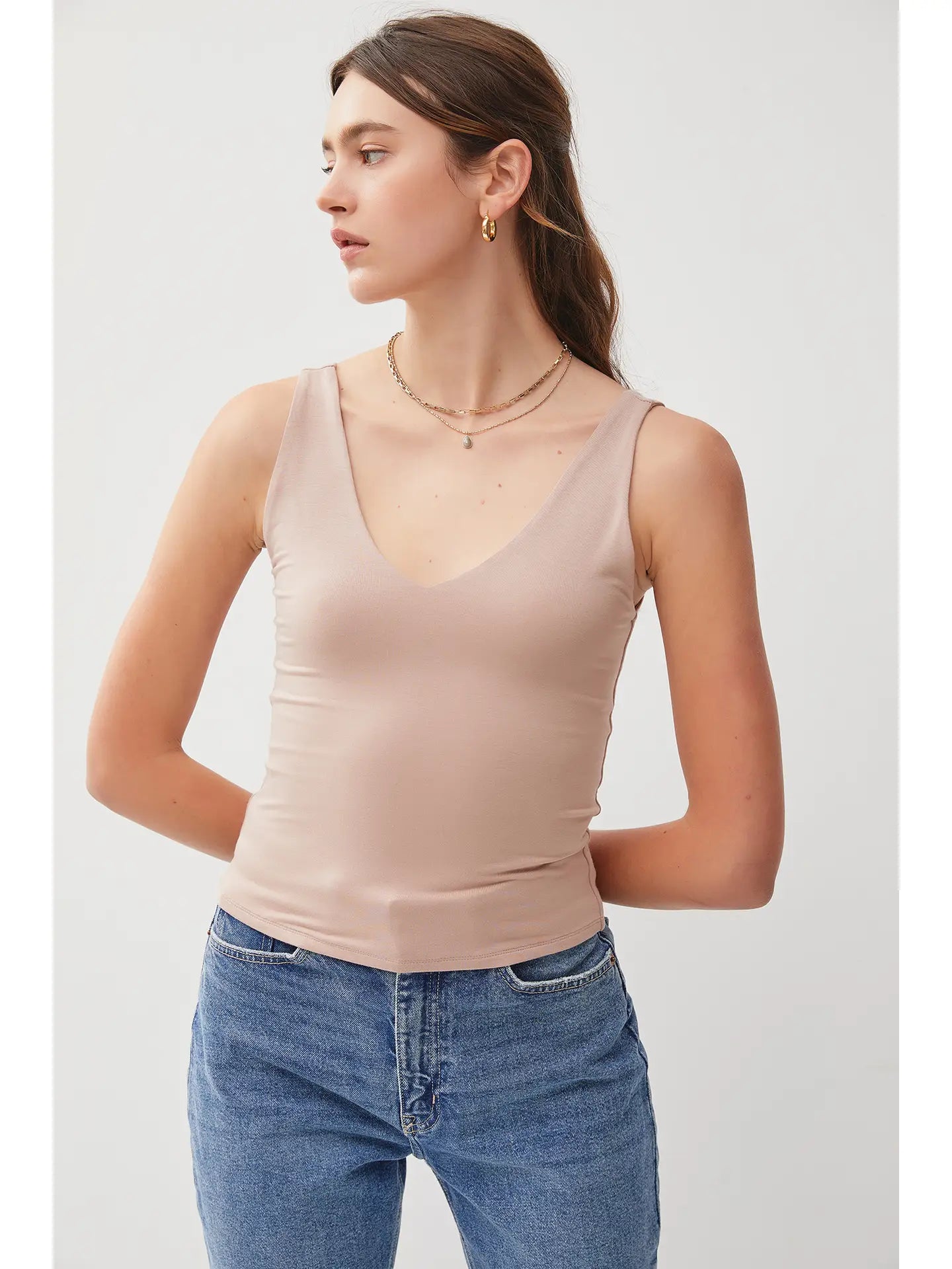 Double Lined V-Neck Tank Top - Nude