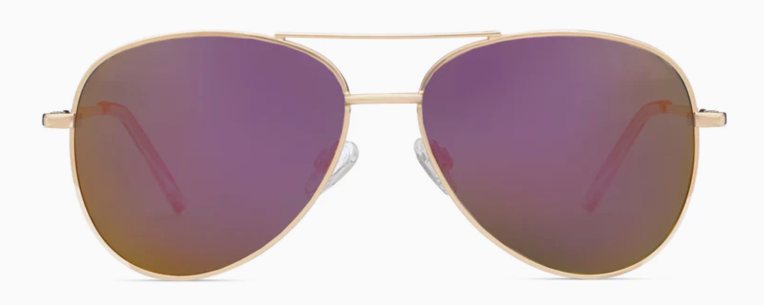 Peepers Ultraviolet aviator sunglasses with a lightweight gold metal frame, pink mirrored polarized lenses, UV400 protection, and classic double bridge design.