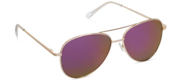 Peepers Ultraviolet aviator sunglasses with a lightweight gold metal frame, pink mirrored polarized lenses, UV400 protection, and classic double bridge design.