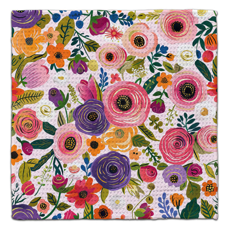 Colorful floral eco-friendly waffle weave washcloth with pink purple and orange watercolor roses by CJ Bella