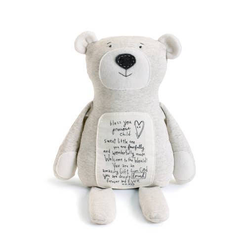 Poetic Threads Blessing Bear — soft ivory 13" teddy bear with embroidered faith-inspired blessing message by DEMDACO, a heartfelt baby gift for new parents