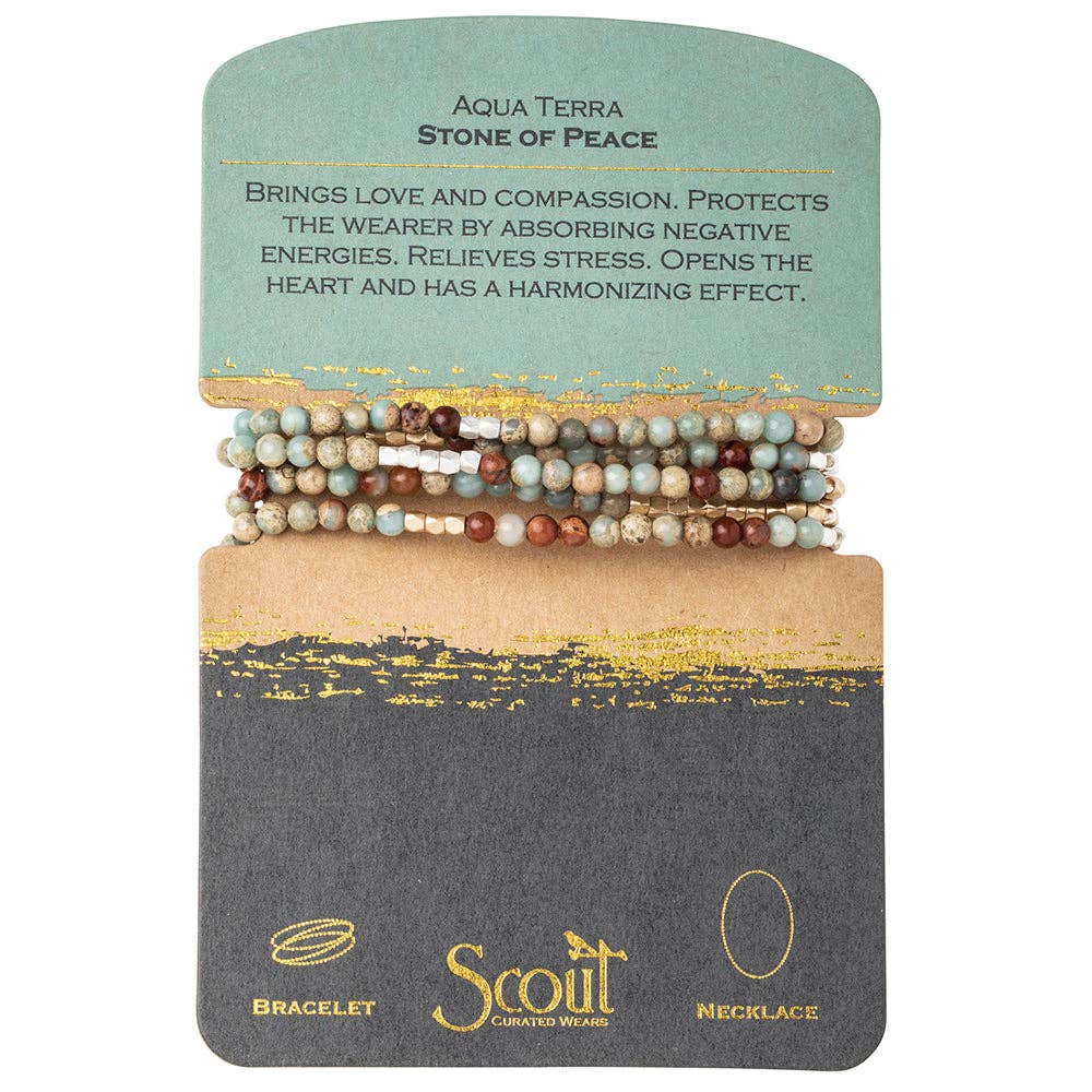 Scout Aqua Terra Stone of Peace gemstone wrap bracelet necklace with semi-precious beads and inspirational meaning card
