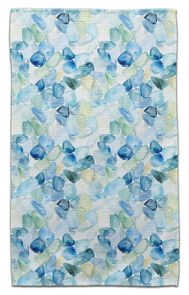 Sea glass inspired eco-friendly waffle weave kitchen towel with blue and green coastal watercolor pattern by CJ Bella