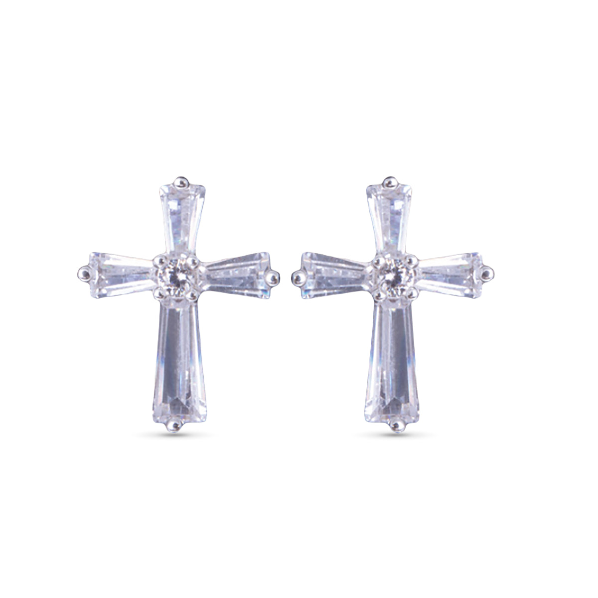 silver baguette cubic zirconia cross stud earrings
