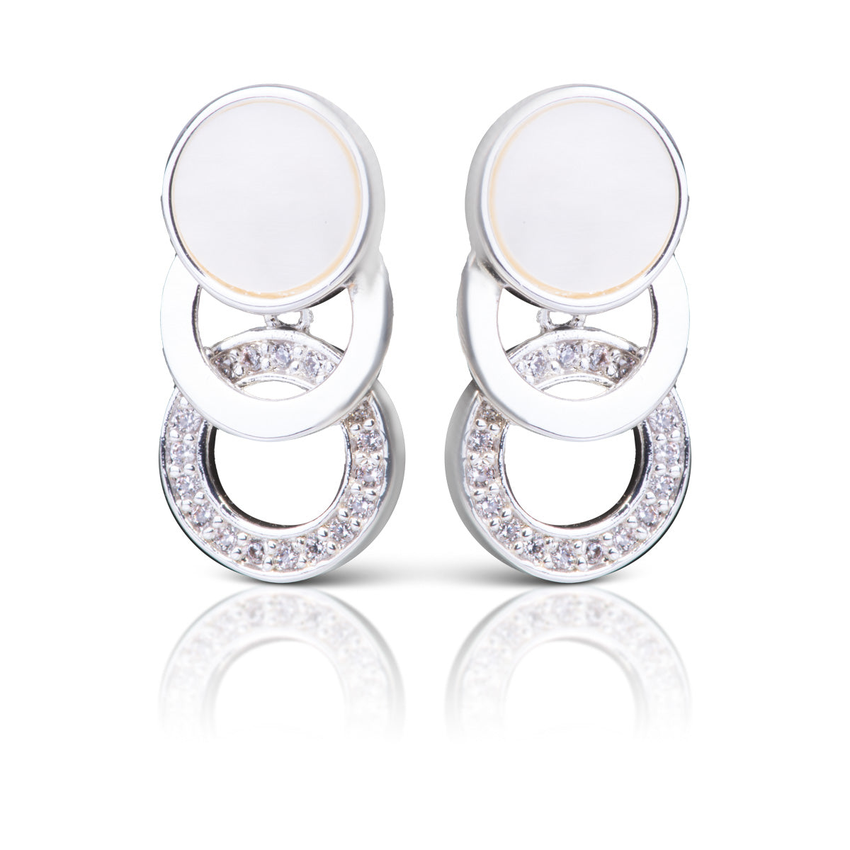 silver drop earrings with mother of pearl disc and CZ ring accents
