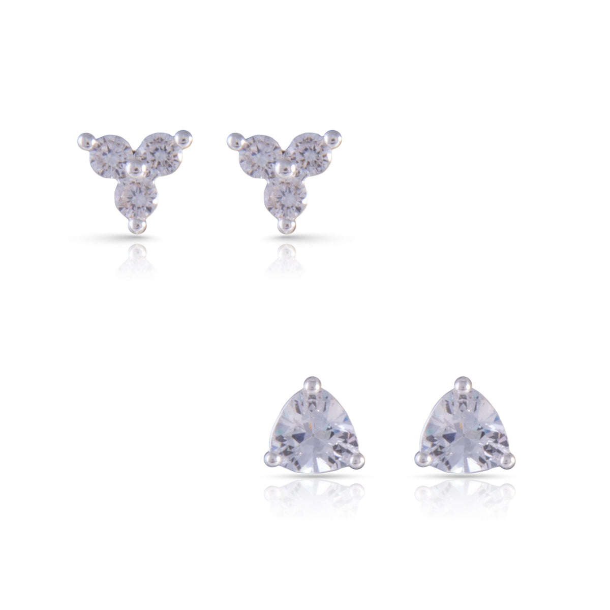 silver cubic zirconia duo stud earrings with trillion and cluster styles