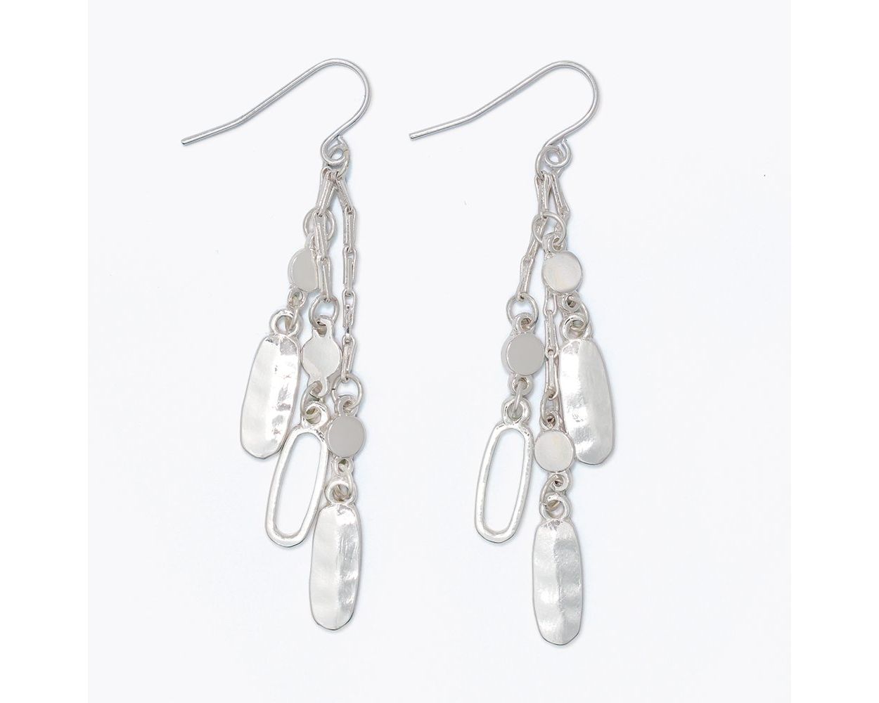 Hammered and polished silver multi-strand chandelier dangle earrings with cascading round disc, open oval frame, and elongated bar charms by Periwinkle — elegant movement earrings